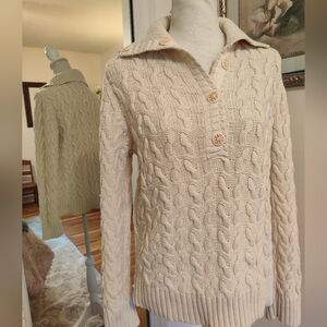 Cotton three button funnel neck cable knit cream sweater